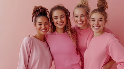 Four diverse young women in pink sweaters smiling and looking at the camera against a pink background.