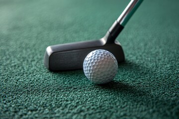Golf Ball and Putter on Green Putting Green