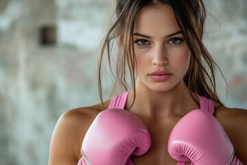 Female Boxer Wearing Pink Gloves  Close Up Portrait