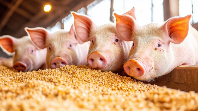 Cozy Farm Barn: Pigs Feeding in Warm Rustic Light