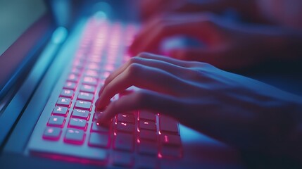Hands of various team members typing on a single keyboard, soft lighting creating a welcoming office environment, focus on different skin tones, blurred background with subtle office details,