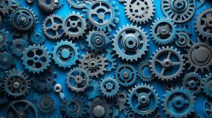 Abstract Gear Wheel Technology Pattern on Blue Gradient Background - Futuristic Mechanical Design