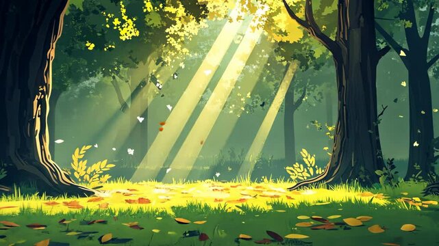 Sunlight streams through the trees in a lush green forest