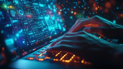 Obraz premium Hands typing on a keyboard, a holographic screen with 3D elements floating in the background, soft neon blue and green light, focus on hands and key details, cinematic lighting,