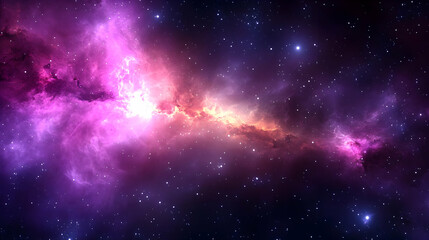 Naklejka premium Cosmic Nebula with Swirling Purple and Orange Clouds, Scattered Stars in the Vast Darkness of Space