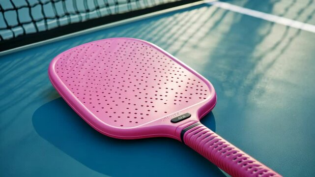 A pink pickleball paddle lies on a blue court, ready for a game of pickleball