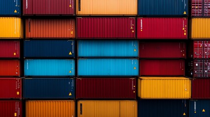 Colorful shipping containers stacked in an organized manner, isolated background.