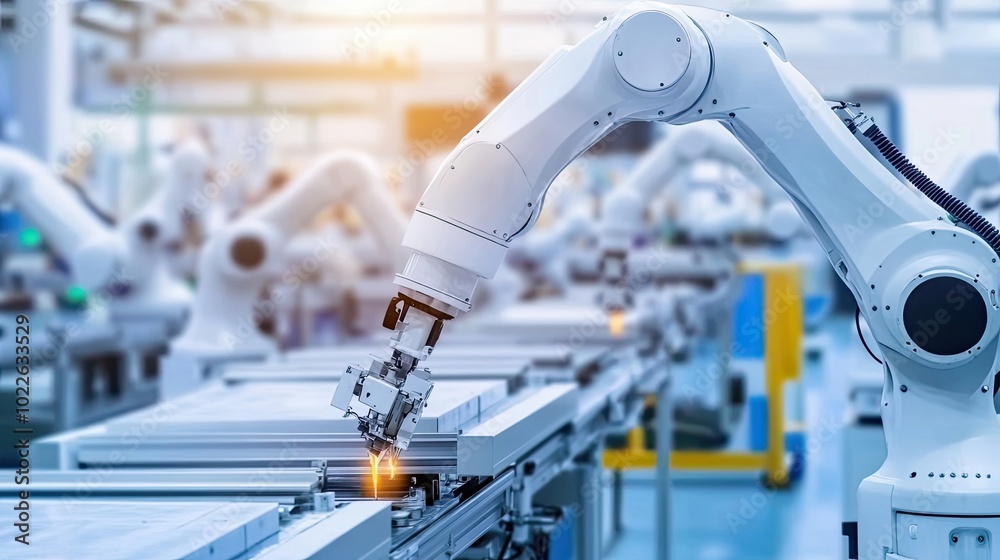 Poster a robotic arm in an automated assembly line