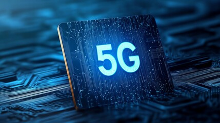 5G technology chip, blue background, modern connectivity concept