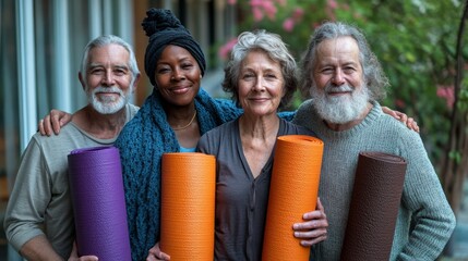 Four senior adults, two women and two men, stand in a row holding yoga mats in front of them, smiling at the camera.