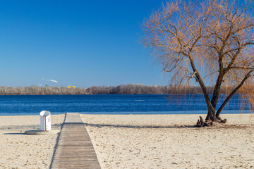 A sandy beach along a large body of water, with a clear blue sky and some trees in the background