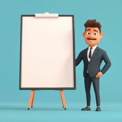 Businessman Presenting at Corporate Event with Blank Easel Board