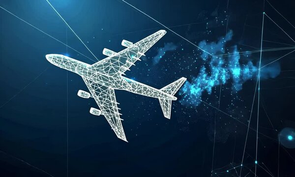 A 3D wireframe representation of an airplane, isolated against a dark blue background, rendered in an abstract vector style