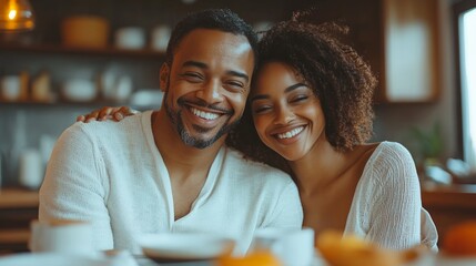 A happy young couple embracing and smiling at the camera while sitting at a kitchen table.