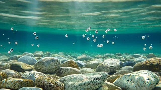 Underwater View of Riverbed with Sunbeams