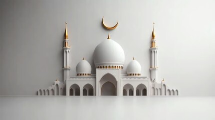 Fototapeta premium White mosque with golden accents, minimalist design, isolated background.
