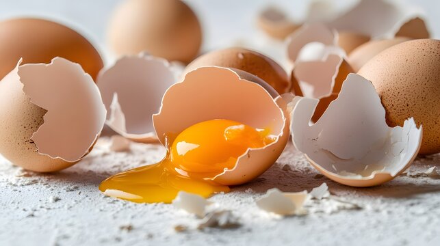 Cracked egg with yolk spilling out surrounded by empty eggshells, symbolizing food safety recall on clean white surface