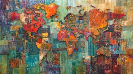 A colorful world map artwork made from textured materials, showcasing global diversity.
