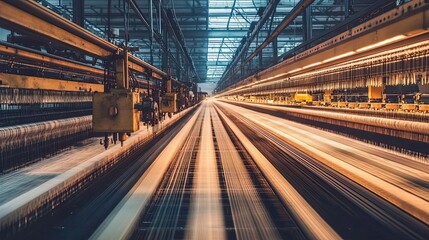 Rows of Industrial Weaving Machines in a Factory