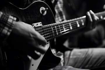 Fototapeta premium Playing Electric Guitar: Closeup View of Frets and Strings