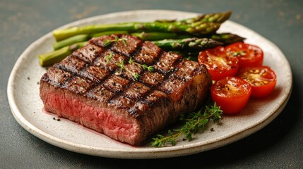 A juicy grilled steak with asparagus and cherry tomatoes on a white plate.