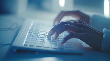 Manicured hands typing on a minimalist white keyboard, soft ambient lighting from a desk lamp, calm workspace with subtle shadows, hd quality, clean and modern aesthetic,
