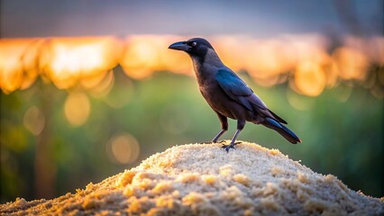 In minimalist photography, a crow perches on a rice offering, embodying the essence of tribute and remembrance during the sacred Pitru Paksha ritual.