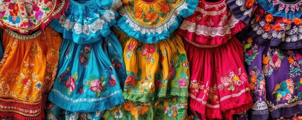 Fototapeta premium Vibrant traditional dresses featuring rich colors and intricate embroidery, showcasing cultural heritage and artistry.