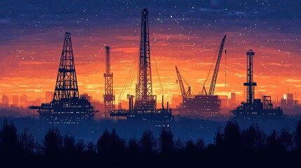 Obraz premium Silhouetted Oil Rigs Against a Starry Sunset Sky