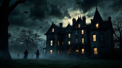 Ghostly Silhouettes Floating Near Haunted Mansion: Eerie Scene with Dark Clouds and Moonlight