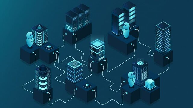 3d isometric concept big data center animation with server. Cloud computing. Network mainframe infrastructure. Isometric high technology concept. 4K video animated in isometric style