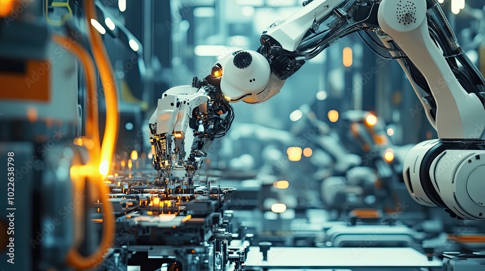Poster a robotic arm performs a precision task in a factory setting