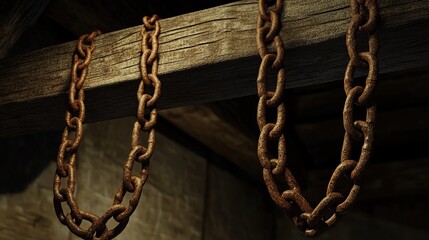 Obraz premium Rusty chains hanging from dark wooden beam