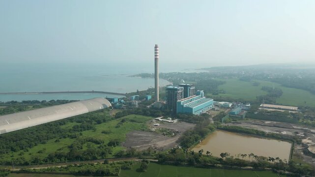 Energy Plant Near The Coast In Banten Indonesia Drone Tracking Back 4K 60FPS