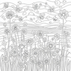 Fototapeta premium A vibrant flower field with bees buzzing, coloring page for kids, simple outline illustration. Coloring book, simple lines.