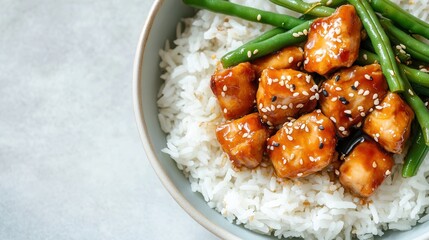 The bright bowl features an Asian staple, tender teriyaki chicken on top of white rice, with fresh green beans garnished with sesame seeds.