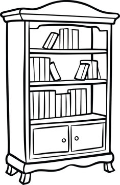 recommend clip art: minimalist bookcase design,  compact bookshelf, industrial-style bookcase line art vector illustration