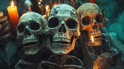 Three decorative skulls surrounded by candles, creating a spooky atmosphere perfect for Halloween or themed events.