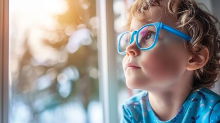 Young child wearing blue glasses focusing on distant tree outside window, symbolizing myopia prevention and importance of outdoor activities.