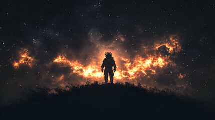 Fototapeta premium Silhouetted Astronaut Stands on a Hilltop Against a Fiery Starry Night Sky