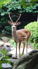 Fototapeta premium A serene deer stands gracefully by the tranquil stream in a lush green garden setting