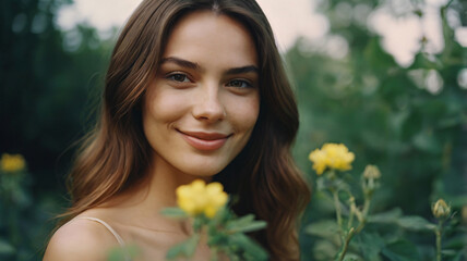 Naklejka premium Young woman smiles. Long hair and bright eyes. commercial photo. copy space