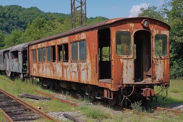 Fototapeta premium Rusting vintage train car beside overgrown tracks in a tranquil landscape