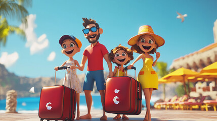 A vibrant 3D cartoon family packing their luggage, excitedly preparing for a vacation at a sunny beach resort, featured in a travel advertisement.