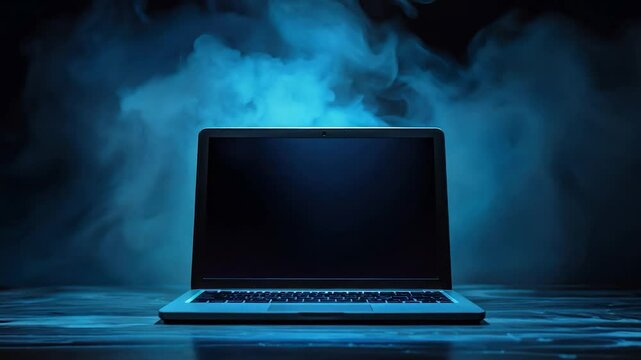 Mysterious Laptop in Blue Smoke on Dark Background - Technology and Cybersecurity Concept