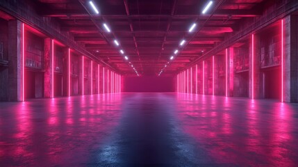 Fototapeta premium A long, empty hallway with pink neon lights and graffiti on the walls.