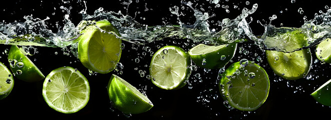 A high-speed photograph of limes and ice cubes splashing into water against a black background, creating dynamic compositions for commercial photography
