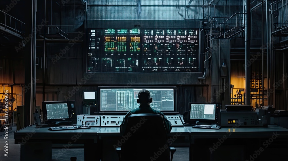 Poster a lone operator working in a dimly lit control room with multiple screens displaying data