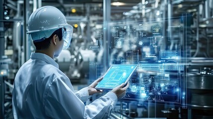 Industrial worker with a digital overlay of factory automation data