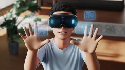 A young man experiences virtual reality, interacting with digital elements in a modern indoor setting, showcasing futuristic technology.